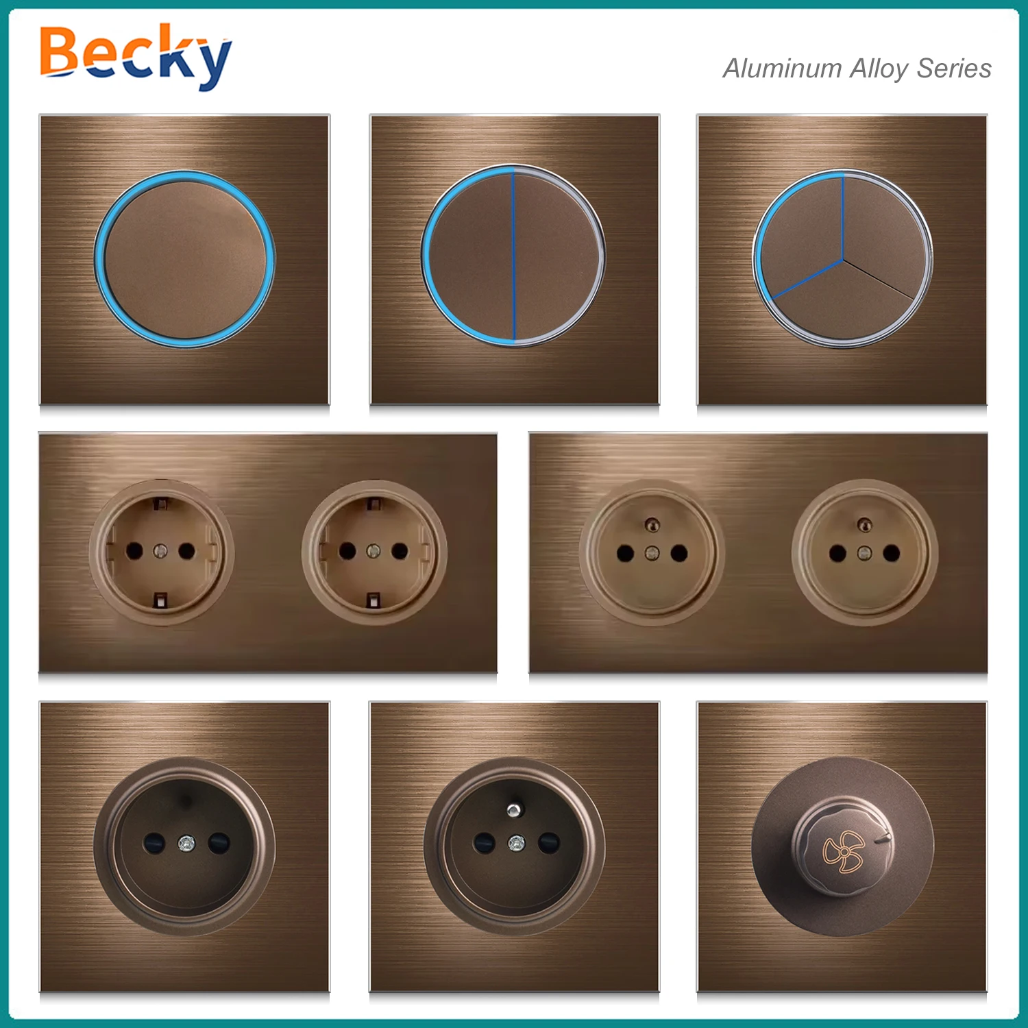 Bekcy Retro EU FR Standard Coffee Color Brushed Wall Light Switch Socket, 250V Reset Button Electrical Outlet With LED Indicator