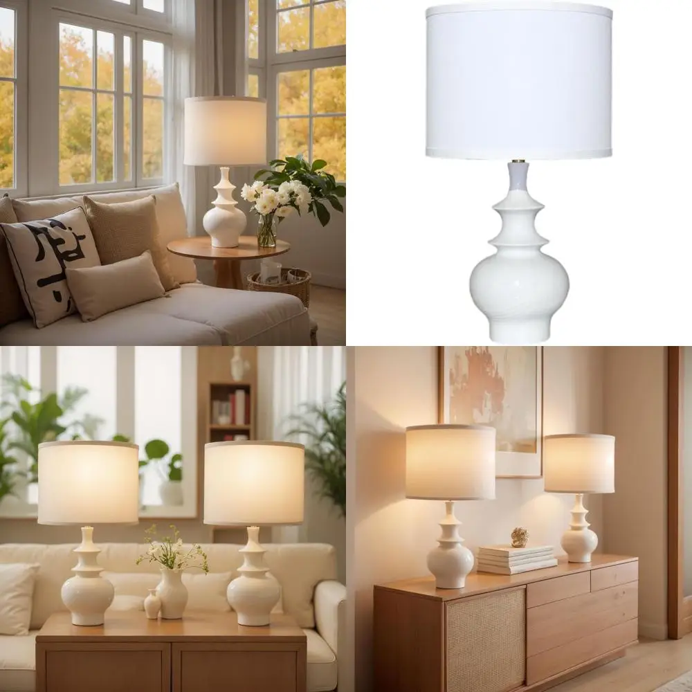 

Pair of 20 White Modern Ceramic Table Lamps for Bedroom Nightstands, Living Room, Desk, and End Tables