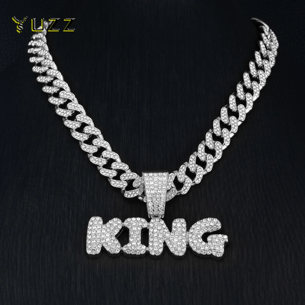 Collar con colgante de letra de rey ostentoso de Hip Hop para hombre con cadena de eslabones cubanos de Miami, collares de cristal completo, joyería con dije de hip hop para hombre