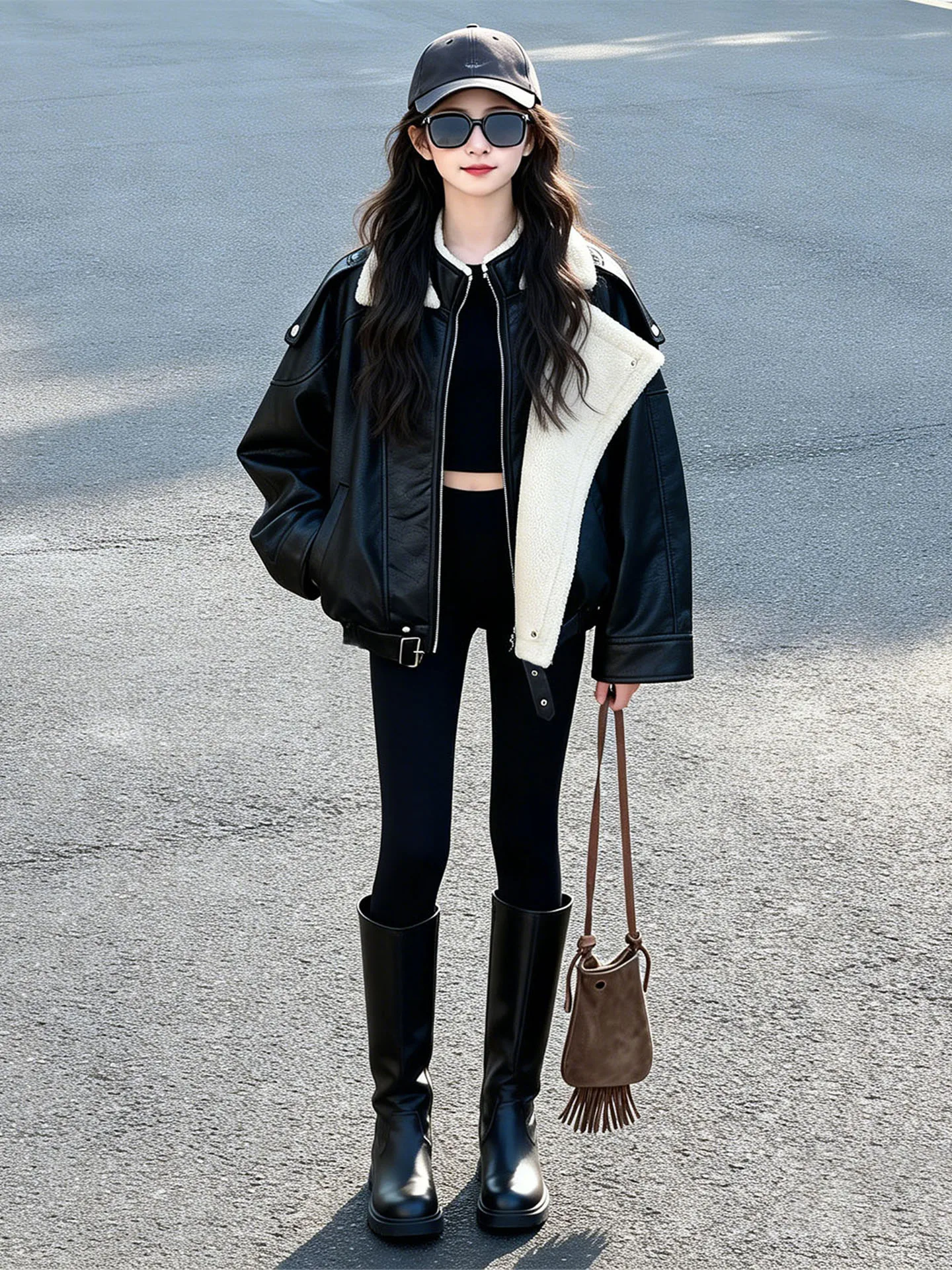 Girls Korean Style Suede Jacket Fleece Lined Fur Coat with Leather Buckle Thick Warm Outerwear for Autumn & Winter
