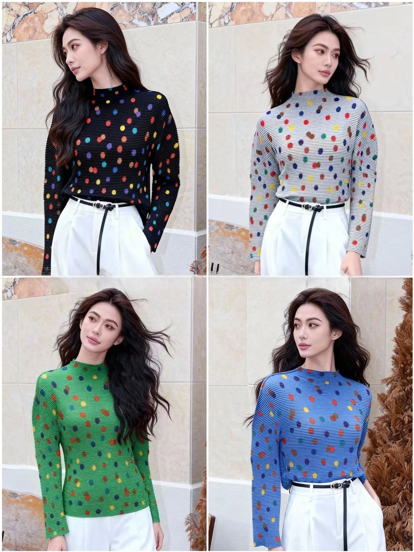 Miyake Plisowana Kolekcja Jesień-Zima 2025 Nowa Moda Koreańska Niszowa Bluzka z Plisami w Kształcie Ziarna Kukurydzy, Kolorowa Bluzka w Kropki, Dopasowana Bluzka Damska z Plisami