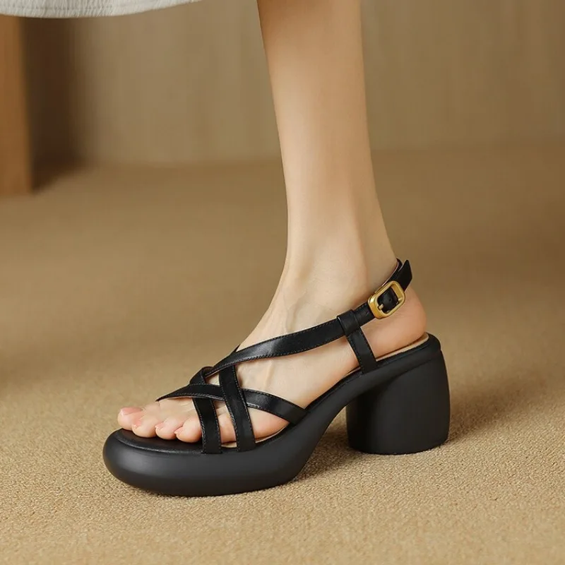 High Heel Buckle Strap Modern Sandals Solid Concise Ladies Shoes on Sale 2024 High Quality Square Heel Adult Women\'s Sandals