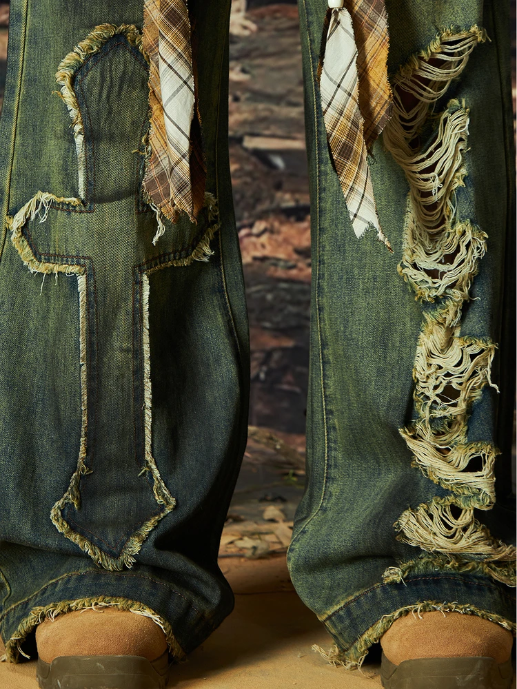 Special-Interest Design Waste Soil Style Retro Distressed Washed Water Stitching Damaged Loose Straight Elastic Waist Jeans
