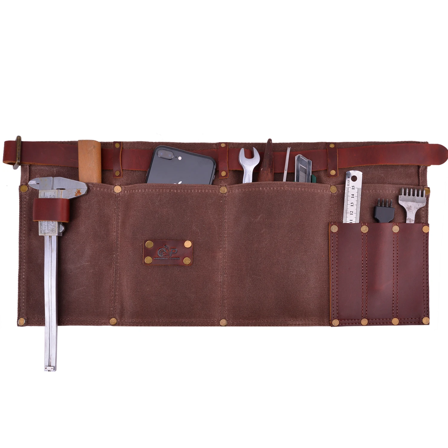 Canvas Leather Work Waist Apron Leather Strap Pockets Apron With Pockets For Cafe Baker