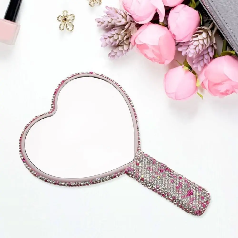 Novo espelho de maquiagem de strass redondo quadrado formato de coração brilhante espelho de mão cosmético portátil com alça espelho portátil