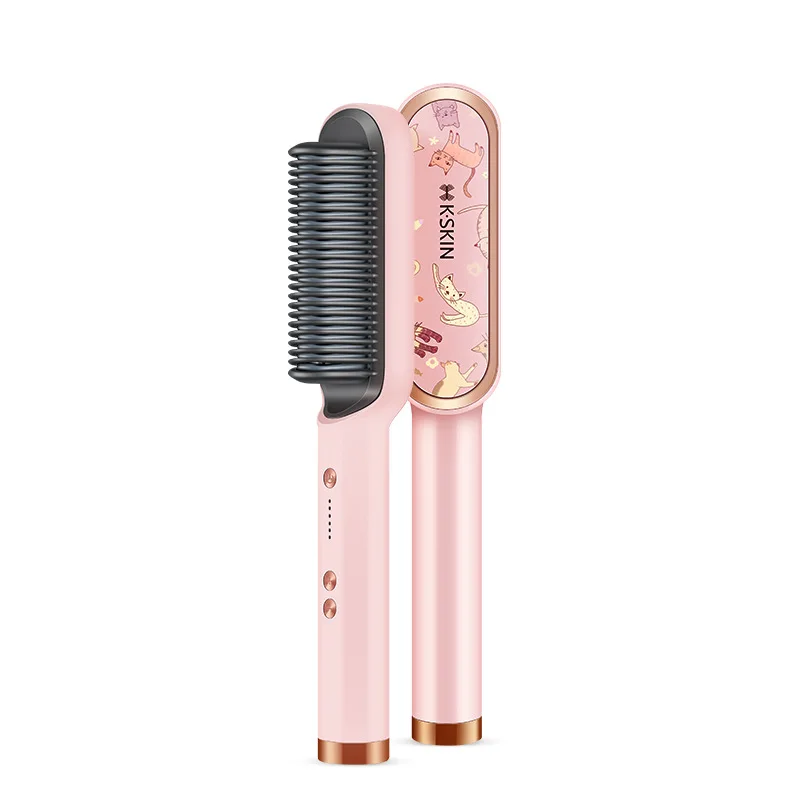 2In1 Electric Ceramic Heating Straight Hair Comb Portable Negative Ion Anti-Scalding Styling Tool Straightening Curling Brush