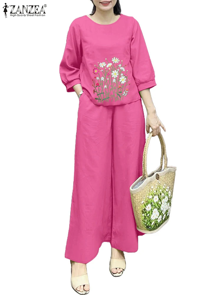 ZANZEA Pakaian Hari Musim Semi 2 Potong Set Celana Blus Lengan 3/4 Gambar Cetak Bunga Antik Kasual Wanita Set Celana Kaki Lebar Pakaian 2 Potong