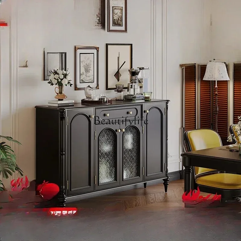 

American retro dining side cabinet integrated against the wall solid wood black locker French multi-function