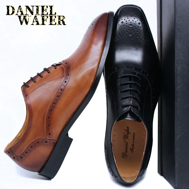 Luxury Mens Oxford Genuine Leather Shoes Black Brown Classic Shoes Brogue Lace Up Dress Wedding Office Business Men Formal Shoes