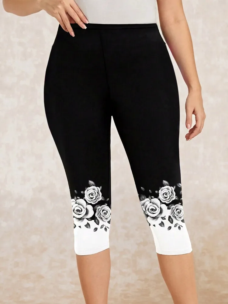 Spring/summer  flower print slim-fit elastic elastic waist tight casual capri leggings for women