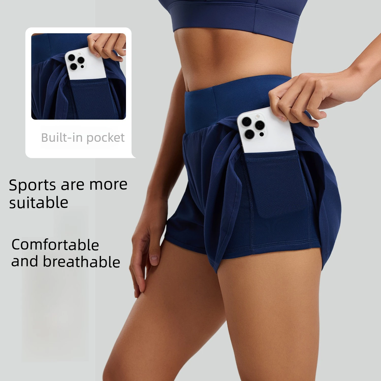 Women 2-in-1 Running Shorts with Side Pockets Breathable Anti-Exposure Yoga Fitness Shorts Comfortable Workout Shorts