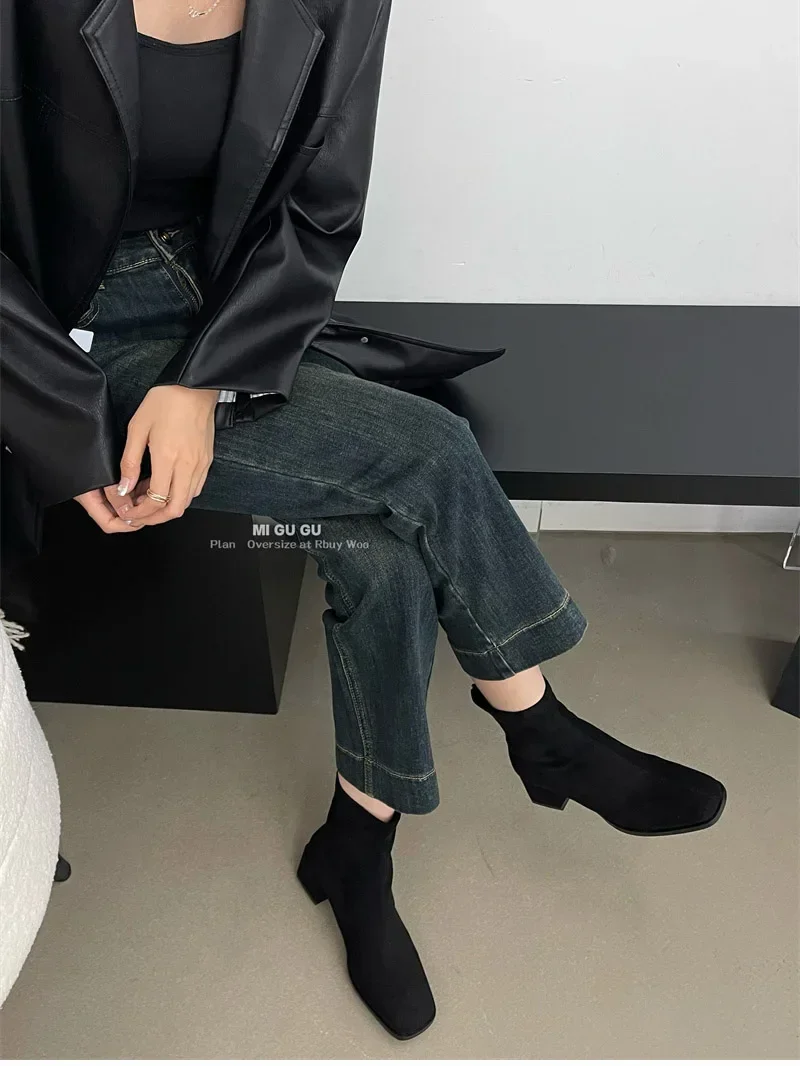 Autumn Winter Fleeces Women Sock Ankle Boots Fashion Square Heel Ladies Elegant Keep Warm Short Booties Women's Footwear