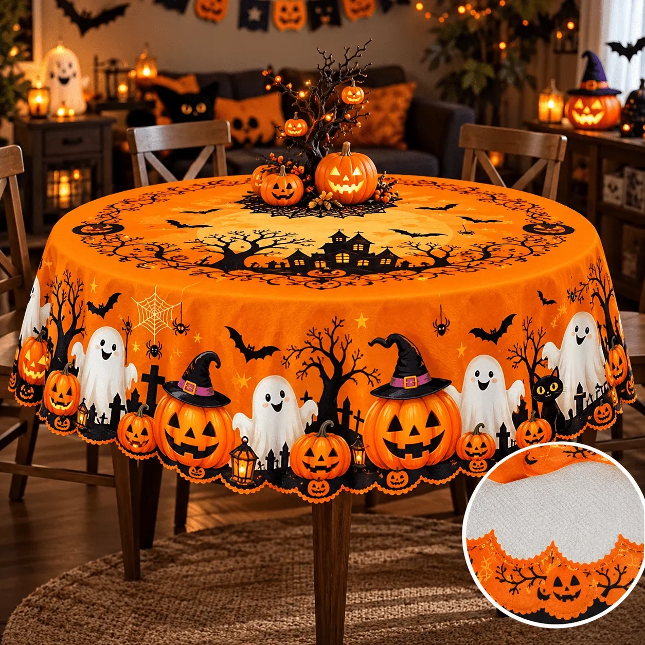 1 round tablecloth, Halloween pumpkin ghost castle print polyester tablecloth, orange and black holiday atmosphere decoration