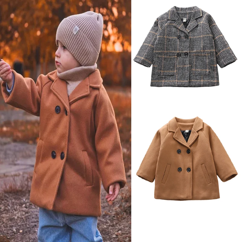 Autumn Winter Kids Woolen Coat Baby Boy Girl Fashion Double-Breasted Lapel Mid-Length Trench Jacket Children Clothing Outerwear