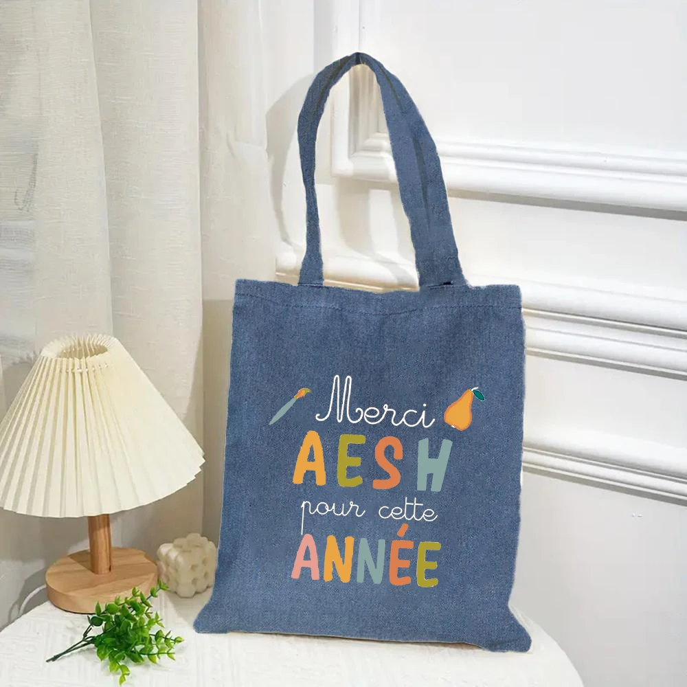 Thank You To AESH for This Year French Printed Denim Shoulder Bag Female Shopping Bags Travel Handbags Tote Bag Gift for Teacher