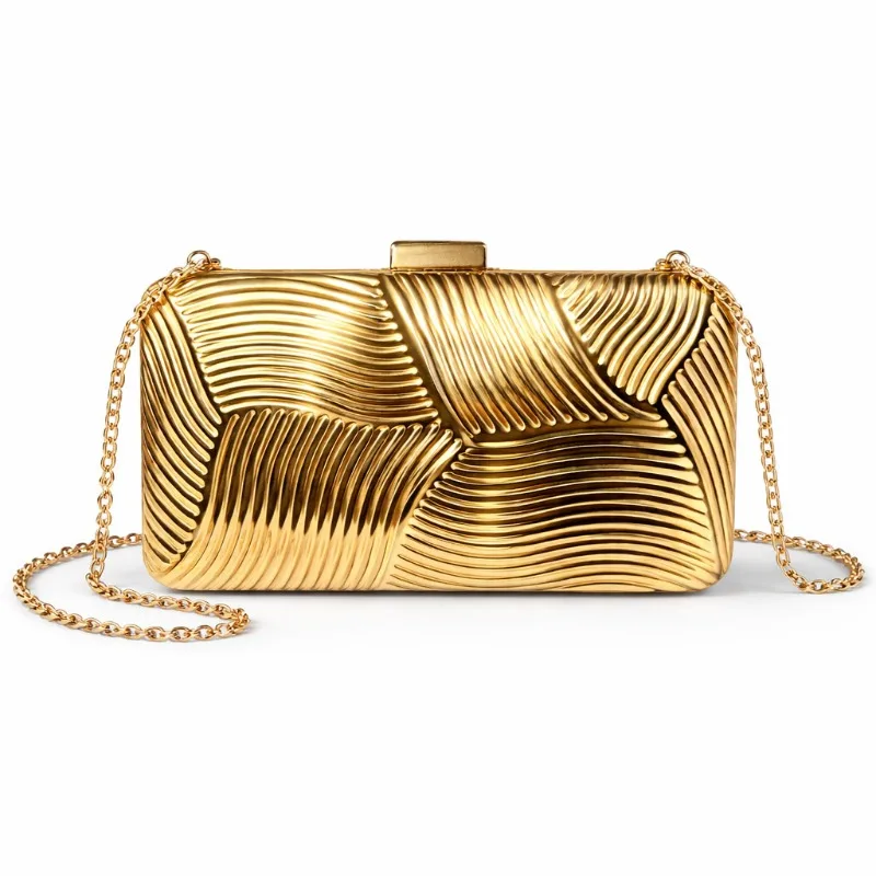 

Luxury Designer Gold Clutch Bag Irregular Stripes Evening Bag Trendy Street Metallic Handbag Magnetic Buckle Closure Mini Purse