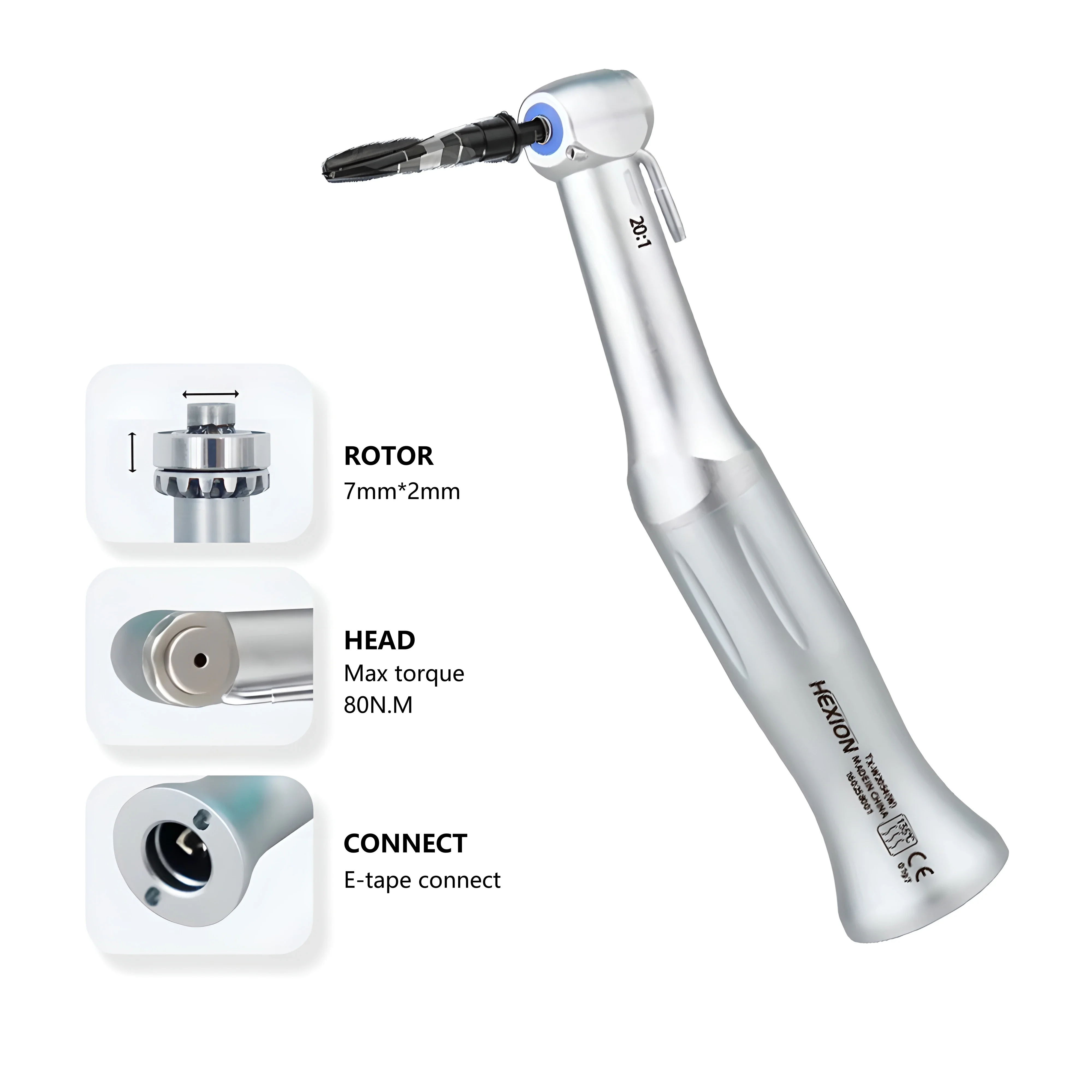 HEXION 20:1 SG20 Winkelstück mit langsamer Drehzahl, passend für Implantatmotoren, für 2,35-mm-Bohrer, E-Typ, professionell, mit Edelstahl – Detail 2