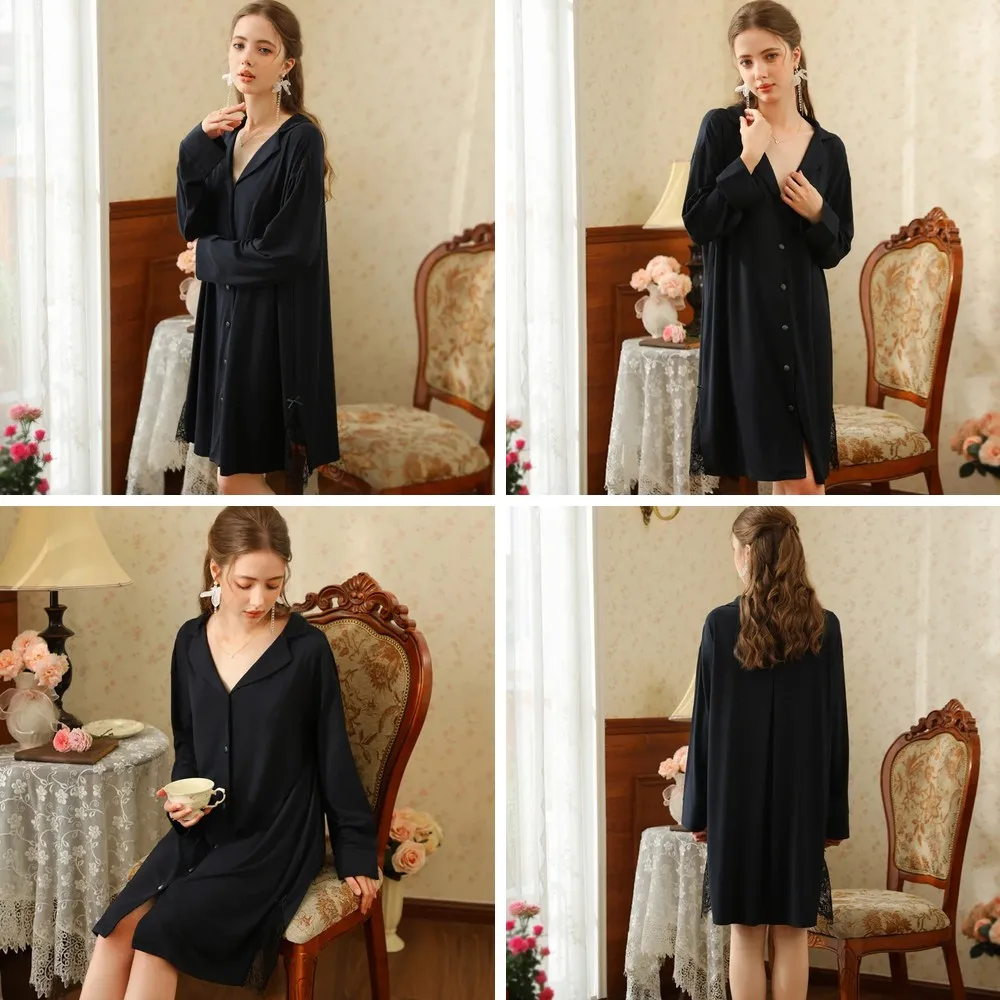 

Sexy Black V-Neck Lace Cardigan Pajama Set for Women, French Style Sleepwear Long Sleeve Cotton Nightdress
