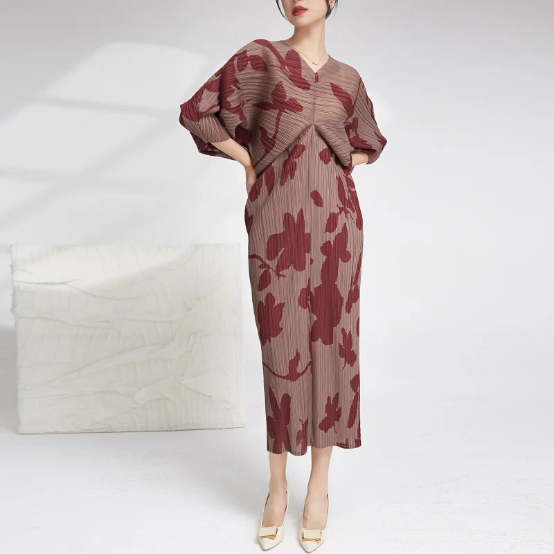 

Miyake pleated high-end temperament loose waist one-step dress with irregular print [25318zsj--2004-5]