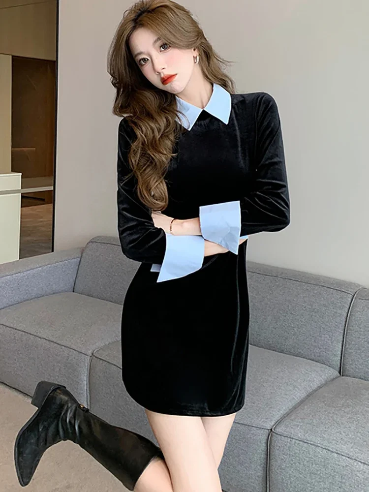 Women Korean Vintage Hepburn A-Line Short Dress Autumn Winter Black Velvet Polo Collar Dress 2024 Elegant Casual Party Vestidos