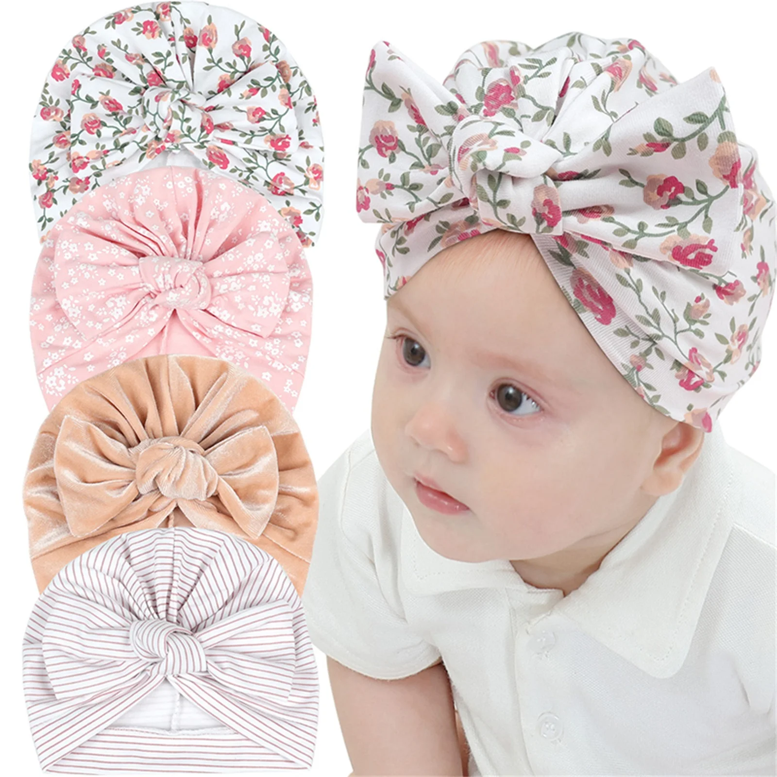 Cute Turban Hat Cap Beanie Bonnet with Big Bowknot Hospital Baby Hats Knot Headwraps Turbans for Newborn Baby Toddlers Infants