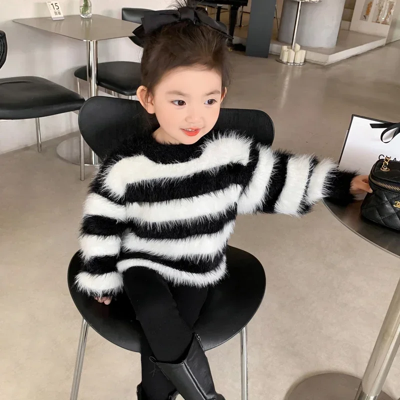 Spring Autumn Girls Sweater Baby Knitwear Kids Pullover Tops Toddler Sweater Children Clothes Faux Long Hair Striped 2-7Y