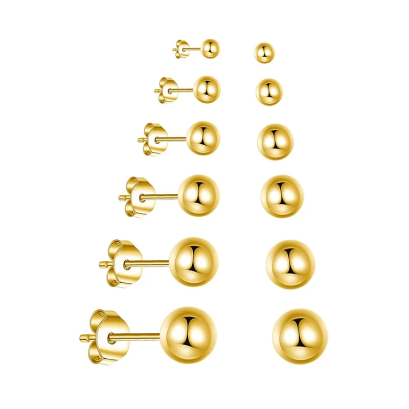 

6 Pair Pack Gold Plated Ball Stud Earrings Set 3MM-8MM Glossy Solid Round Ball Earrings for Ladies Simple Ear Decoration Jewelry