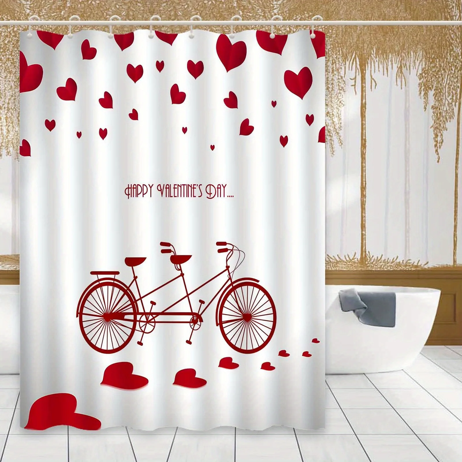 valentines day shower curtain romantic bicycle heart design with hooks anti fog polyester machine washable art bathroomdecorgift