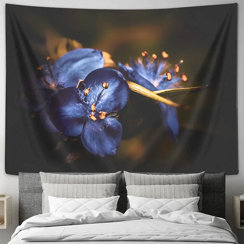Vivid Blue Floral Macro Photography Tapestry with Golden Stamen on Dark Background Machine Washable All Season Decor Home