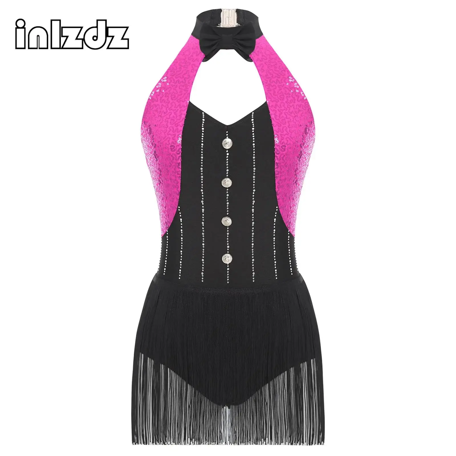 Womens Sequins Tassel Fringe Bodysuit Latin Jazz Dance Leotard Backless Halter Bow Tie Jumpsuit Cha-cha Samba Rumba Dance Wear