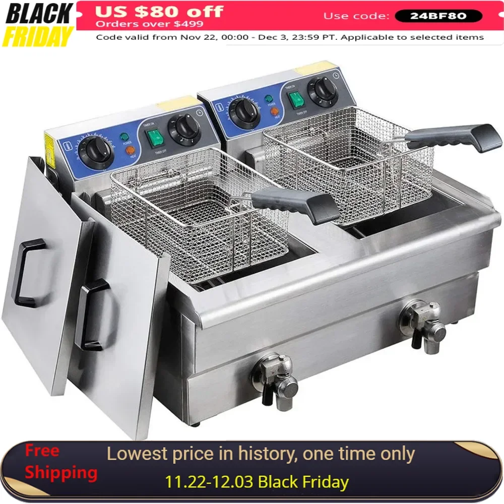 20L Commercial Electric Deep Fat Fryer with Drain and Basket, Stainless Steel Electric Deep Fryers