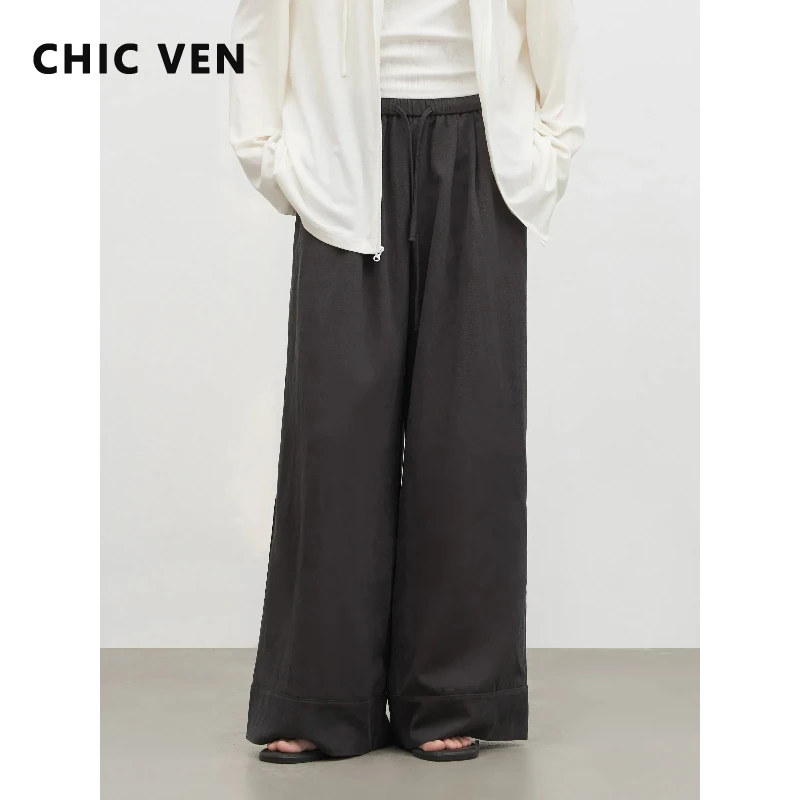 CHIC VEN Women Pants Solid Loose Casual New Wide Leg Trousers Elastic Waist Drawstring Ladies Pant Spring Summer 2026 Clothing