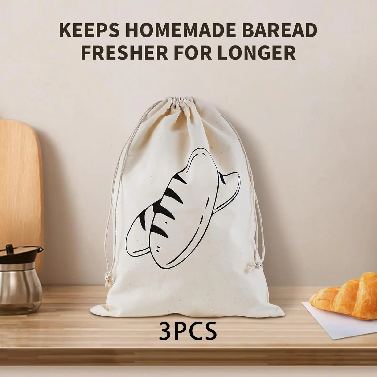 3 Pieces Bread Bags,Linen Bags,Reusable Washable Totes with Drawstring for Cafe, Housewarming Party Favor Bakery Banquet