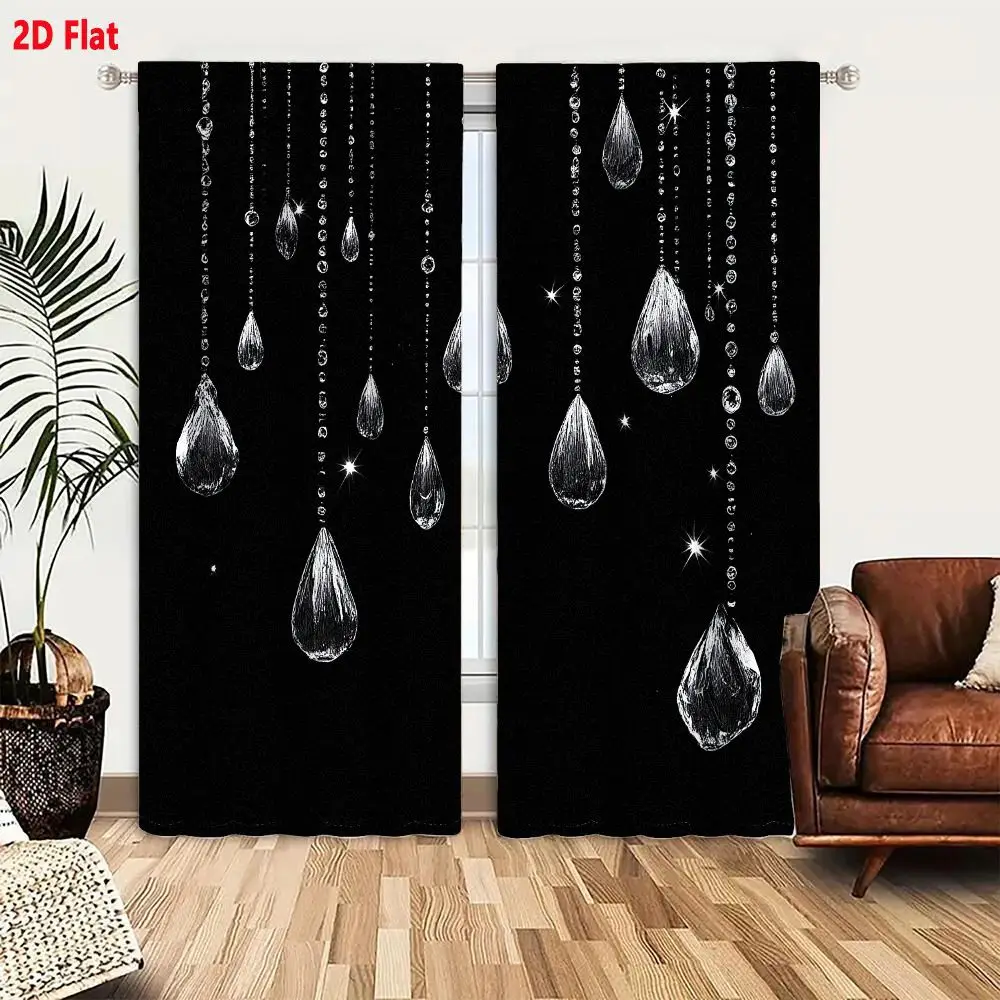 2Pcs Curtains 2D Flat Monochromatic Artistic Composition Featuring Cascading Crystal Beads And Glassy Teardrop Droplets Against