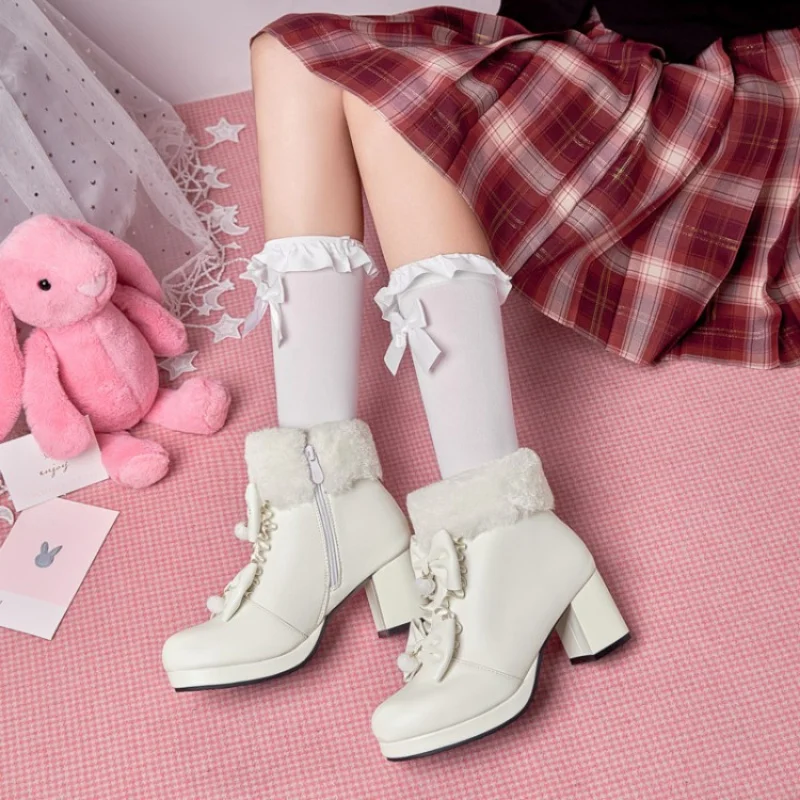 Women Warm Fleece Snow Boots  Lovely Cute Sweet Ladies Cosplay Lolita Boots Shoes Girls Block Heels Bow Knot Footwear Pink Black