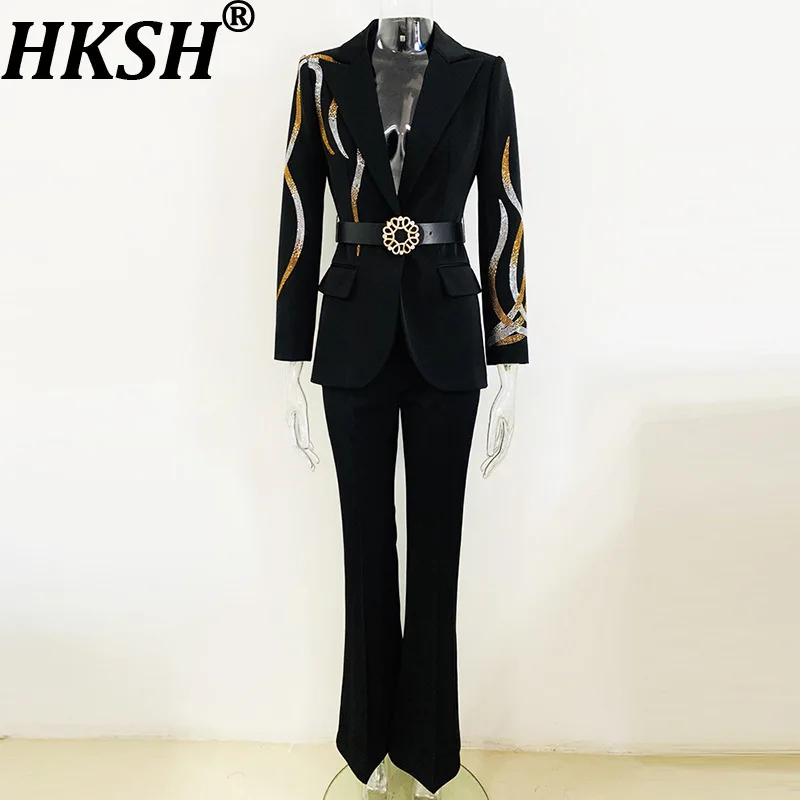 

HKSH Autumn New Women Two-Piece Suit Set Black Elegant Fashion Colorful Diamonds Sashes Blazer Coat Chic Ins Flare Pants HK12641