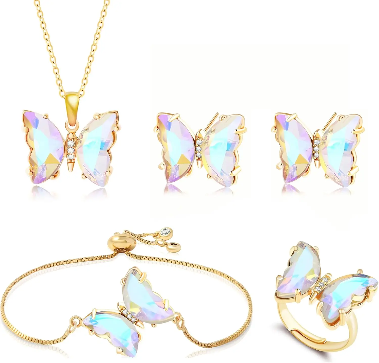

Набор украшений Miss Right Butterfly Crystal: колье с бабочкой, серьги-гвоздики, браслет-боло, регулируемое кольцо для женщин, переливающийся цвет