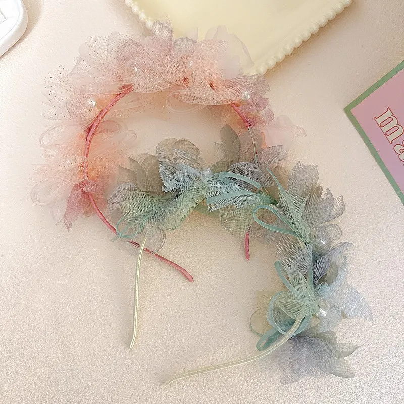 

12pcs Glitter Tulle Floral Hairbands Pearl Flower Hard Headbands Princess Headwear Boutique Hair Accessories for Girls
