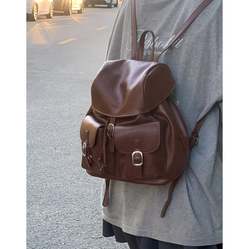 

Fashionable Retro Bucket Bag Women's Backpack Handbag Double Shoulder Bag Soft PU Leather Bucket Shape Casual Leisure Bag