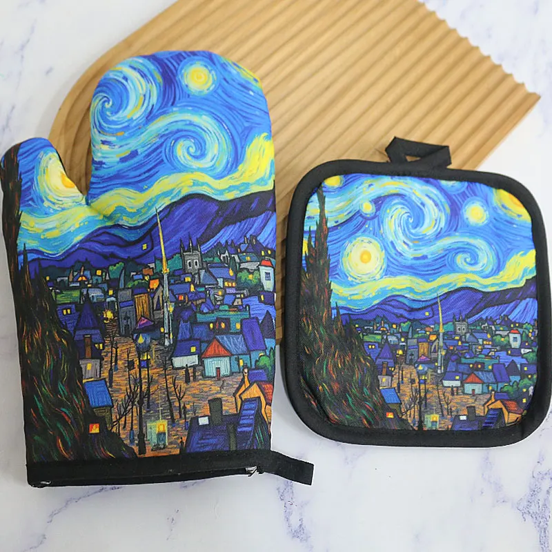 

The Starry Night By Vincent Van Gogh Oven Mitts and Pot Holder Sets of 2 for Baking Kitchen Cooking BBQ Resistant Non-Slip Glove