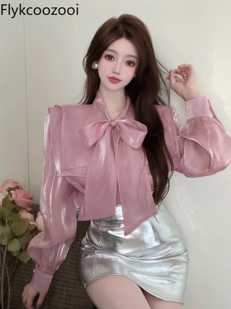 Super Fairy Design Sense Small Fashion Bow Double Doll Collar Blouse + Silver Wrap Hip Skirt Roupas Femininas Conjuntos