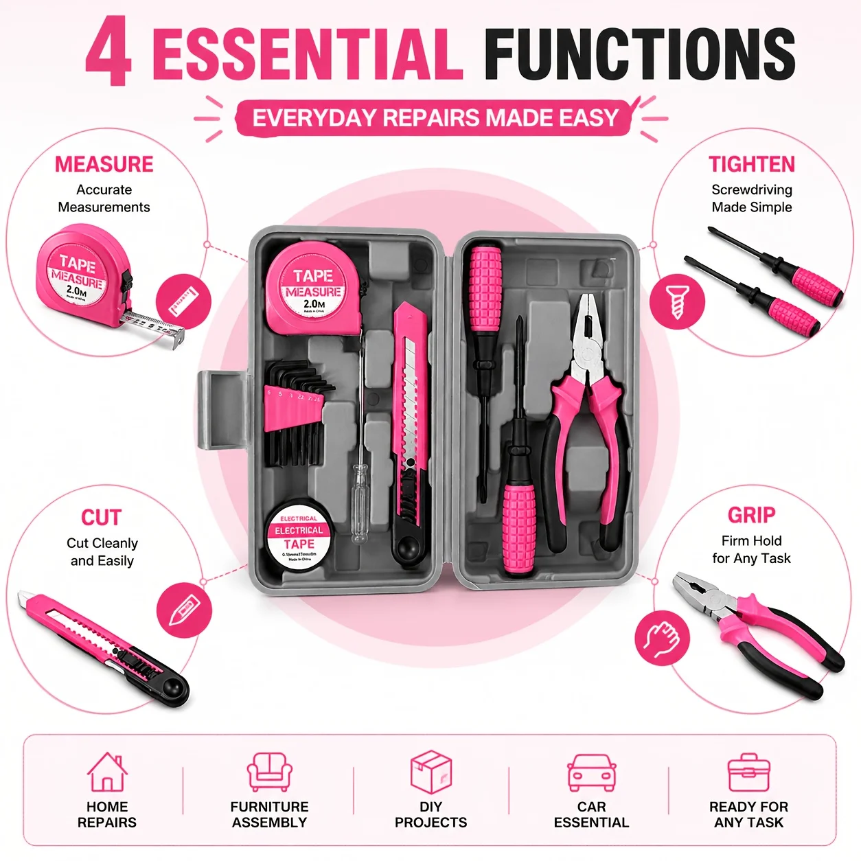 13Pcs Pink Household Tool Kit with Storage Case, Screwdrivers Pliers Tape Measure Utility Knife Hex Keys, Home Repair Hand Tool