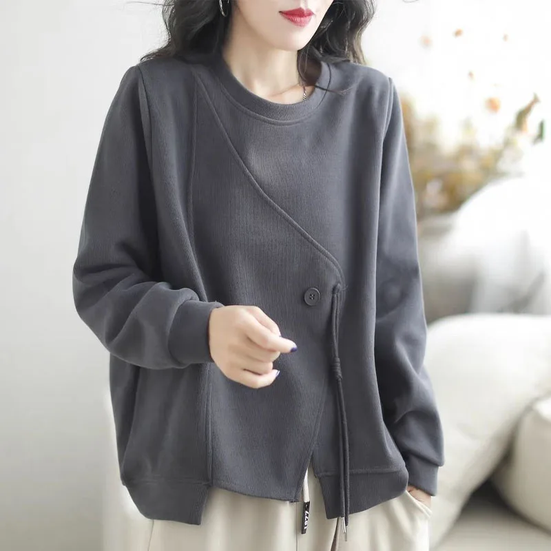 New Autumn/Winter Fashion Trend Lazy Style Spliced Round Neck Loose Versatile Slim Western Commuter Women\'s Long Sleeve Sweater