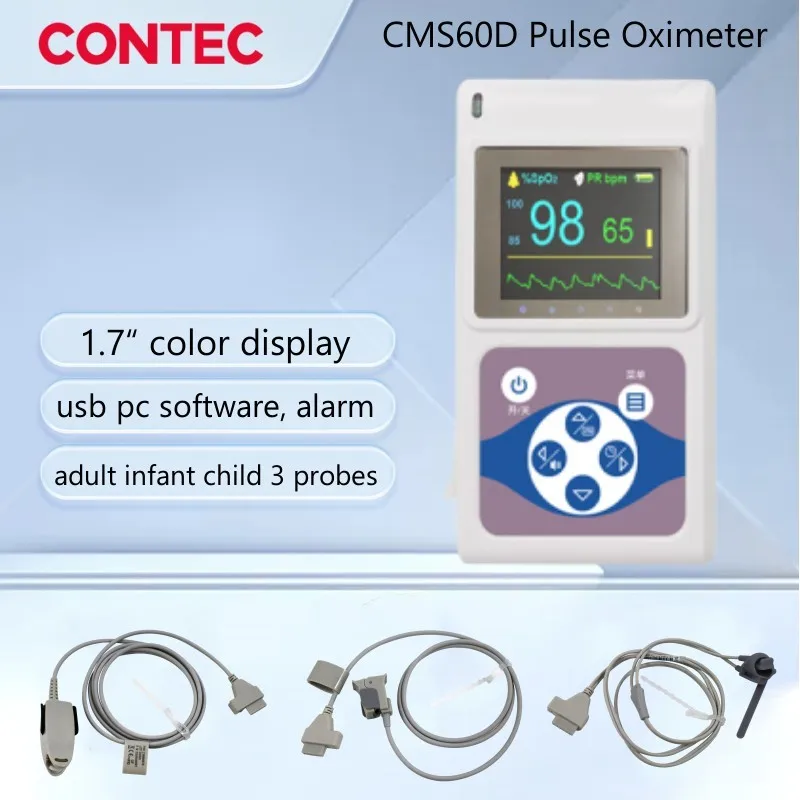 CMS60D 24Hour Finger Pulse Oximeter Neonate Spo2 Monitor Blood Oxygen Saturation Adult Infant Child 3 O2 Probes, PC Software USB