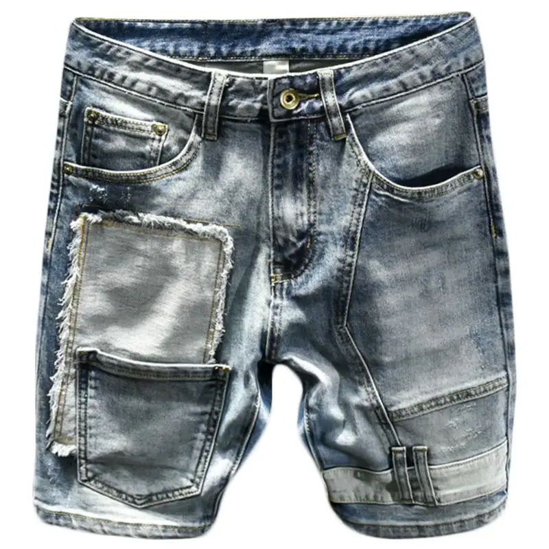 Fashion Spliced Luxury Brand Denim Knee-Length Shorts with Multiple Pockets for Summer Casual Style Vintage Boyfriend Jeans