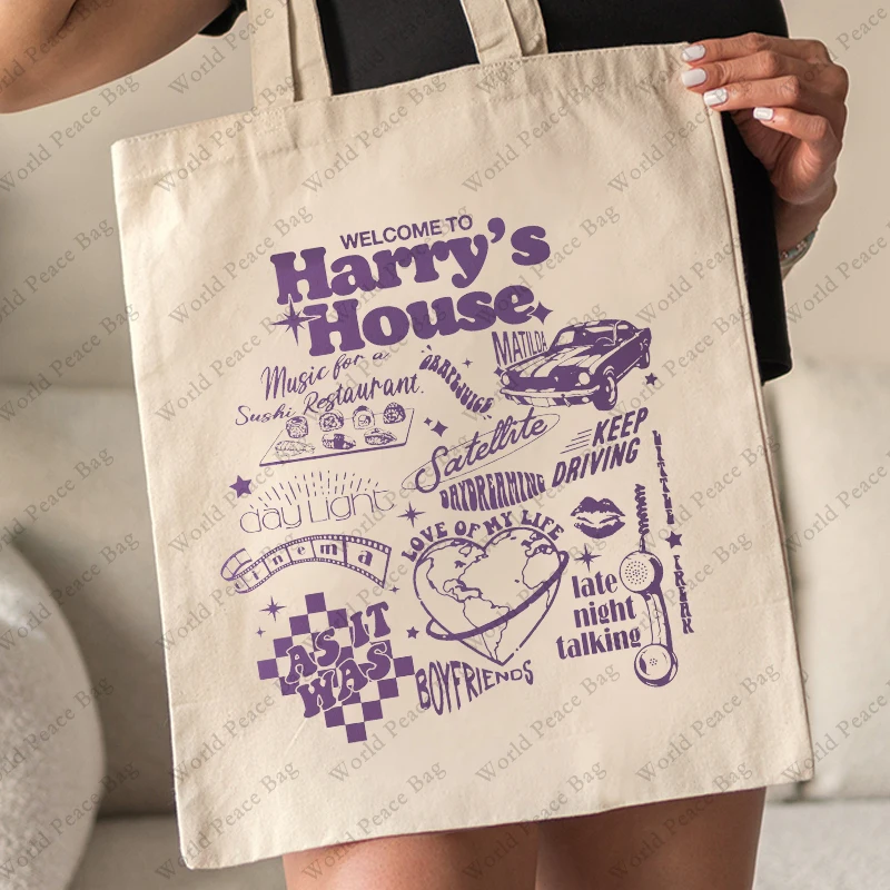 1 Pc Album Pattern Tote Bag Harry\'s House Canvas Shoulder Bag for Commute Women\'s Reusable Shopping Bag Folding Shoulder Bag