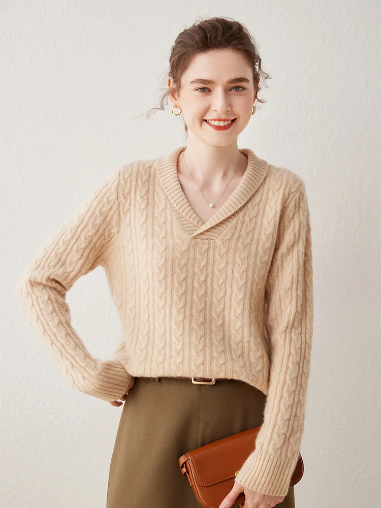 

Soft Comfort Autumn Winter 100% Pure Cashmere Pullover Sweater Women Lapel Collar Cable Knit Soild Elegant High Quality Tops
