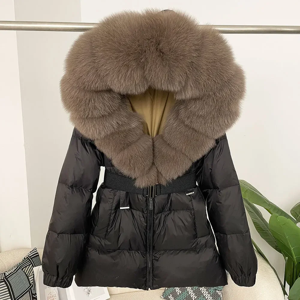 2025 chaqueta de invierno para mujer, cuello de piel de zorro Natural auténtica con capucha, abrigo grueso cálido 90% de plumón de pato blanco, ropa de calle informal para mujer