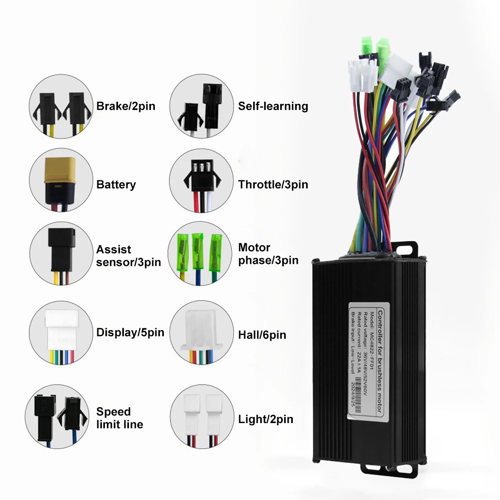 1pc 36V/48V/52V/60V 22A Brushless Controller 500W Intelligent 3-mode Sine Wave Scooter E-bike Brushless Controller Accessories