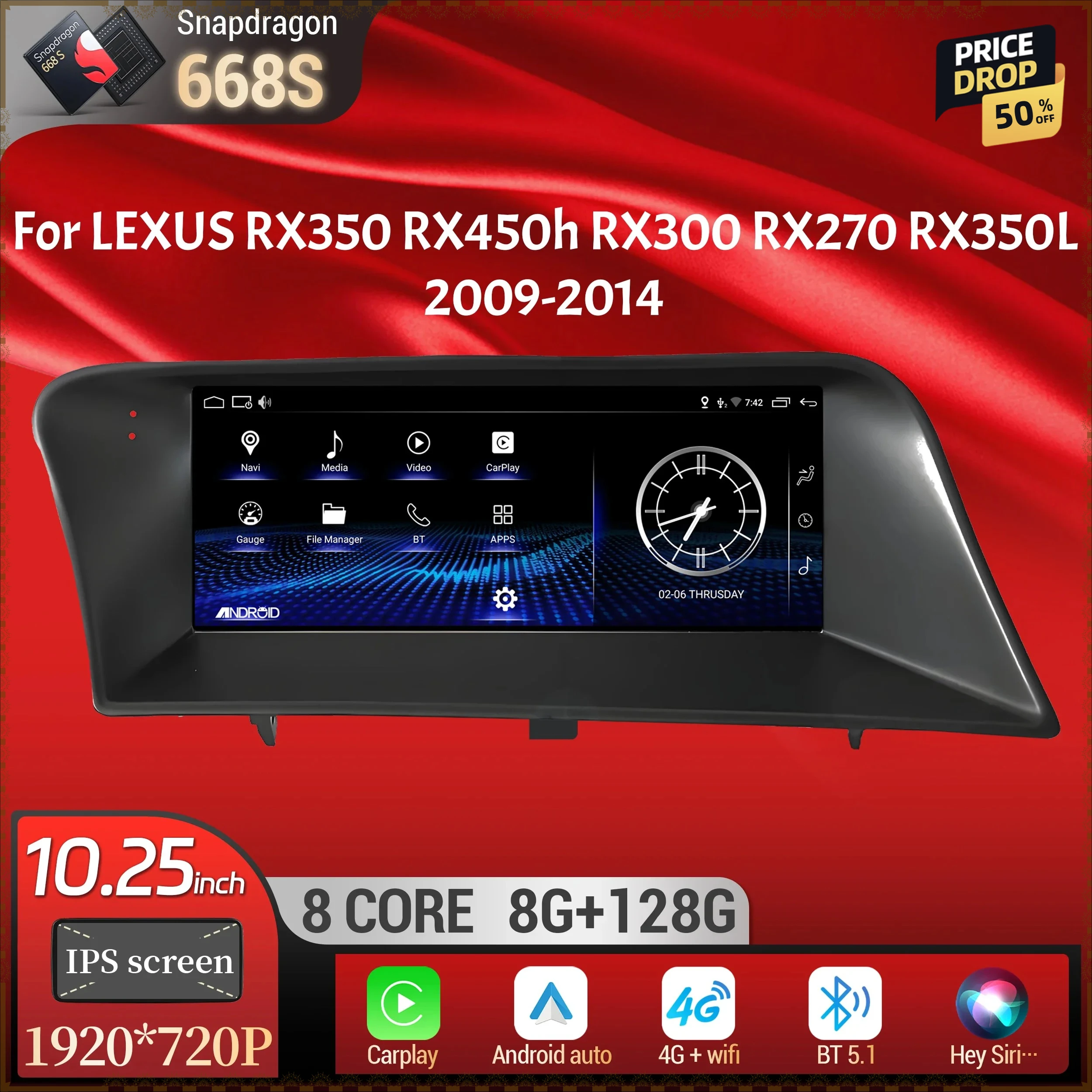 10.25inch Car Radio Multimedia Carplay Snapdragon 668S Navigation GPS Screen For LEXUS RX350 RX450h RX300 RX270 RX350L 2009-2014